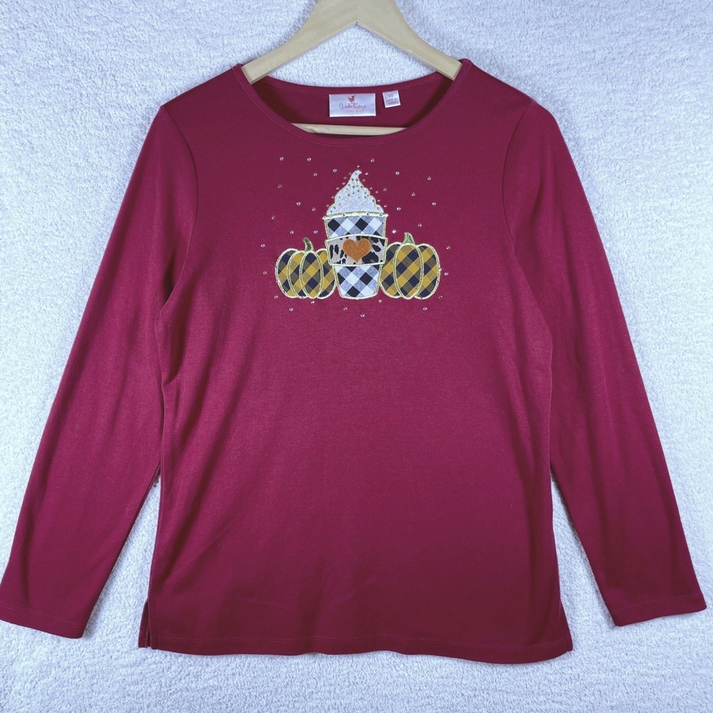 quacker factory pumpkin spice latte rhinestone top XS fall cozy autumn harvest